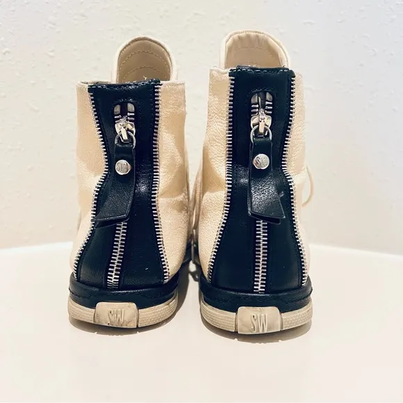 Stuart Weitzman Zipit White Black Hi Top Leather Women’s Sneakers Size 7.5