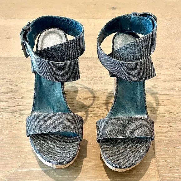 Stylish Silver Sparkly Crossover Pyrite Nocturn Wedge Sandals