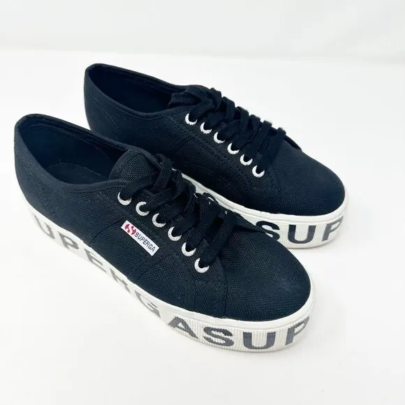 Superga 2790 Women's Black Canvas Outsole Lettering Platform Sneakers 9 (40)