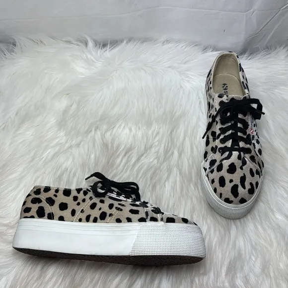 Superga Dalmation Print Women's Platform Sneakers Cream/Black Sz 7