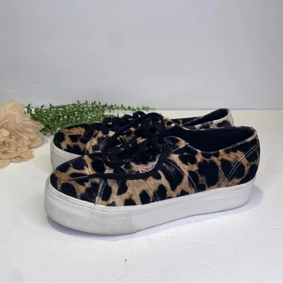Superga Leopard Cheetah Fanvelvet Platform Sneakers Size 8.5 Black Tan