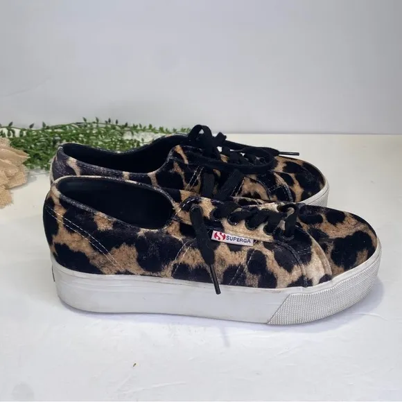 Superga Leopard Cheetah Fanvelvet Platform Sneakers Size 8.5 Black Tan