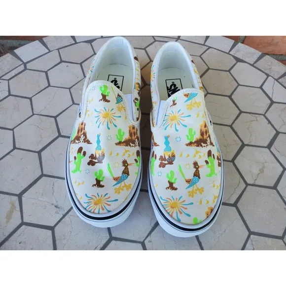 Sz 11.5 Vans Men Get Outdoors Multicolor Desert Canvas Slip On Shoes Cream White