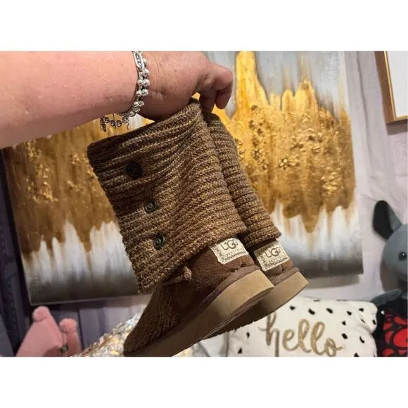 Sz 7 sweater knit tan gold/brown Cardy UGG boots tall or fold over wear