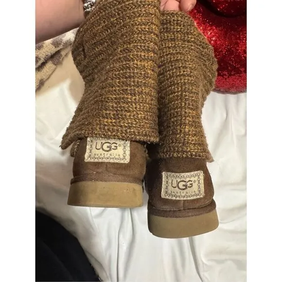 Sz 7 sweater knit tan gold/brown Cardy UGG boots tall or fold over wear