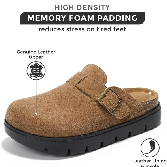 Tan and Black Mules with Buckle Detail