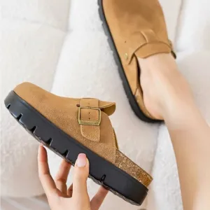 Tan and Black Mules with Buckle Detail