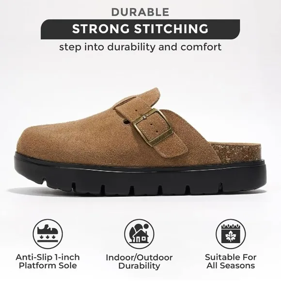 Tan and Black Mules with Buckle Detail
