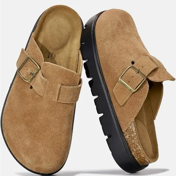 Tan and Black Mules with Buckle Detail