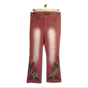 TESORO MODA Women’s Floral Embellished/Beaded High Waist Jeans Pink Size Small