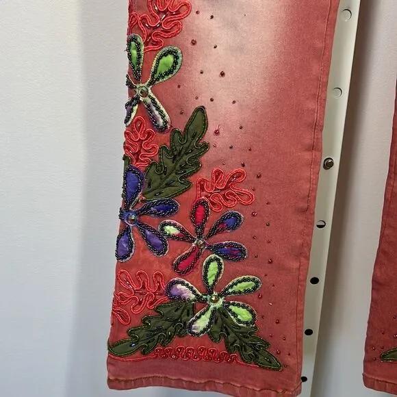 TESORO MODA Women’s Floral Embellished/Beaded High Waist Jeans Pink Size Small