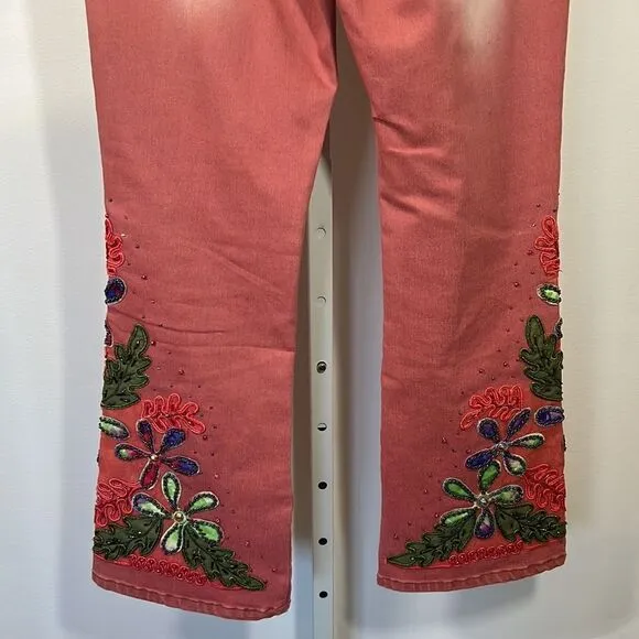 TESORO MODA Women’s Floral Embellished/Beaded High Waist Jeans Pink Size Small