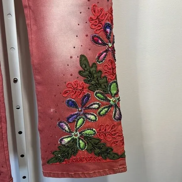 TESORO MODA Women’s Floral Embellished/Beaded High Waist Jeans Pink Size Small