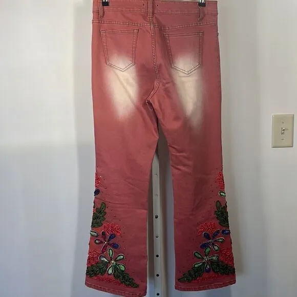 TESORO MODA Women’s Floral Embellished/Beaded High Waist Jeans Pink Size Small