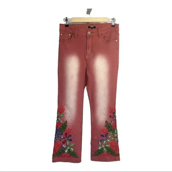 TESORO MODA Women’s Floral Embellished/Beaded High Waist Jeans Pink Size Small