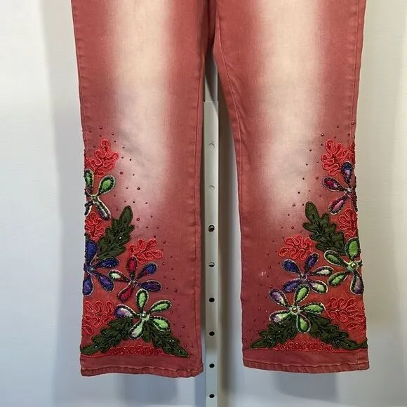 TESORO MODA Women’s Floral Embellished/Beaded High Waist Jeans Pink Size Small