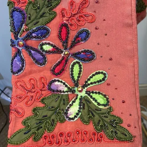 TESORO MODA Women’s Floral Embellished/Beaded High Waist Jeans Pink Size Small