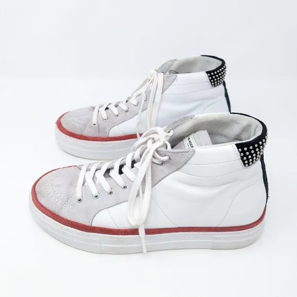 The Kooples White Leather Suede High Top Studded Colorblock Sneakers Size 38