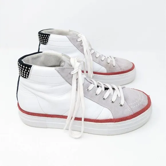 The Kooples White Leather Suede High Top Studded Colorblock Sneakers Size 38
