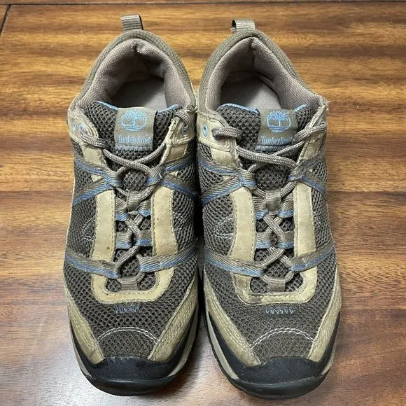 Timberland Outdoor Hiking Leather Sneaker Shoes Women's Size 9 Khaki Tan &amp; Blue