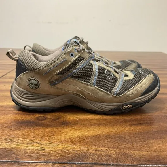 Timberland Outdoor Hiking Leather Sneaker Shoes Women's Size 9 Khaki Tan &amp; Blue