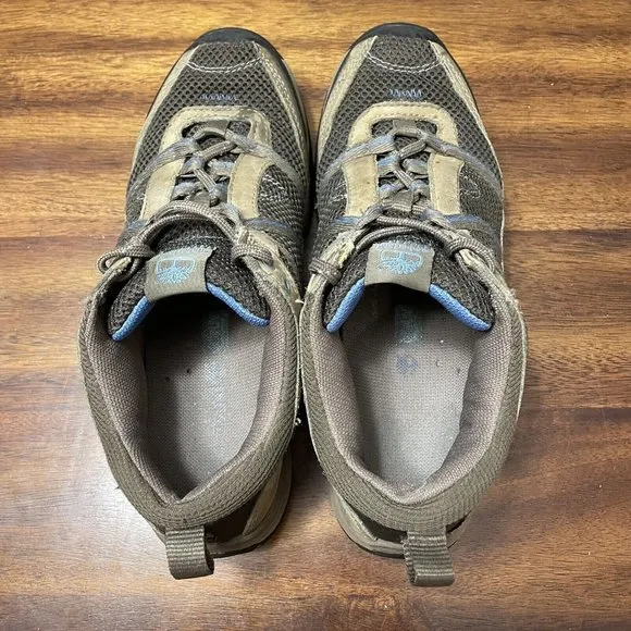 Timberland Outdoor Hiking Leather Sneaker Shoes Women's Size 9 Khaki Tan &amp; Blue