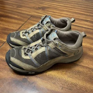 Timberland Outdoor Hiking Leather Sneaker Shoes Women's Size 9 Khaki Tan &amp; Blue