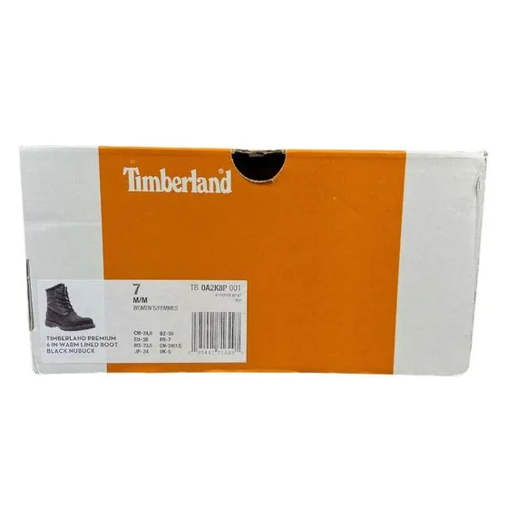 Timberland Premium 6&quot; Puffer WP Warm Lined Black Nubuck Boots Women's Size 7 M