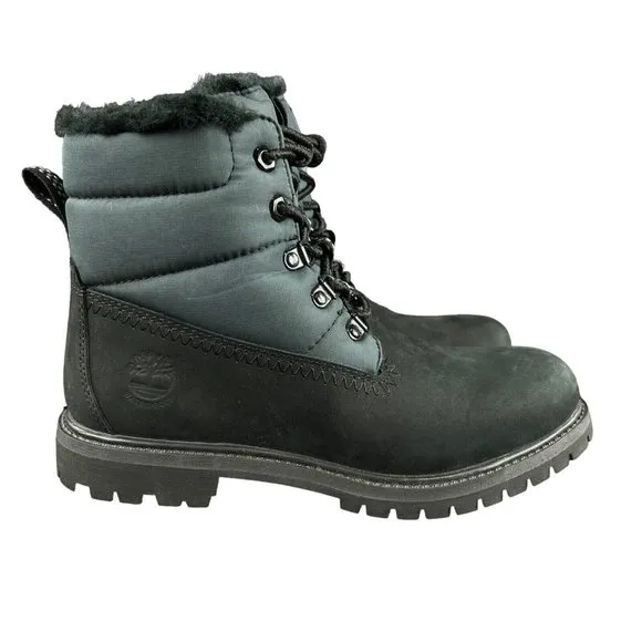 Timberland Premium 6&quot; Puffer WP Warm Lined Black Nubuck Boots Women's Size 7 M