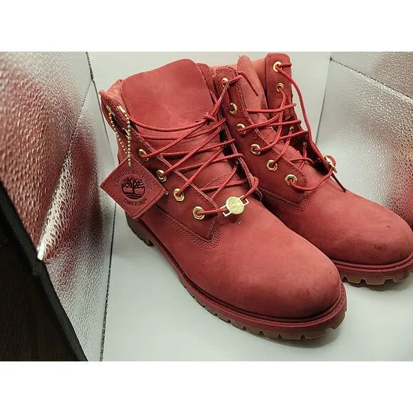 Timberland Premium Boots Dark Red Gold Boys Size 7 Shoes 6&quot; High Velvet