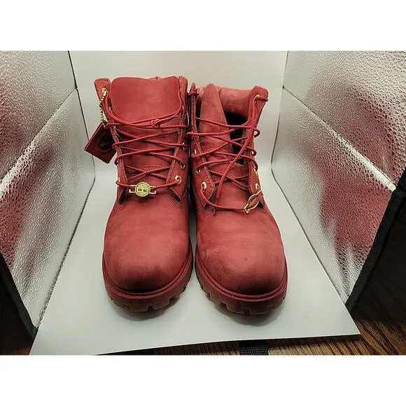 Timberland Premium Boots Dark Red Gold Boys Size 7 Shoes 6&quot; High Velvet