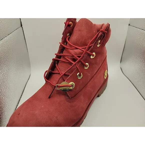 Timberland Premium Boots Dark Red Gold Boys Size 7 Shoes 6&quot; High Velvet