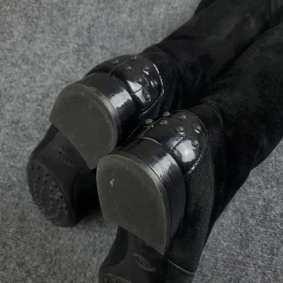 Tods Suede Riding Boots Womens EU 39.5 US 9.5 Patent Toe Leather 16&quot; Tall Black