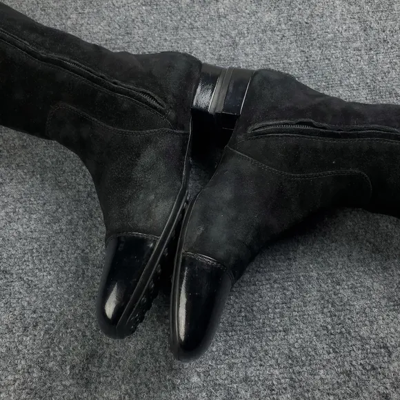 Tods Suede Riding Boots Womens EU 39.5 US 9.5 Patent Toe Leather 16&quot; Tall Black