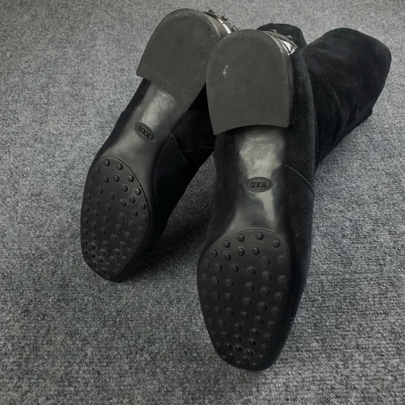 Tods Suede Riding Boots Womens EU 39.5 US 9.5 Patent Toe Leather 16&quot; Tall Black