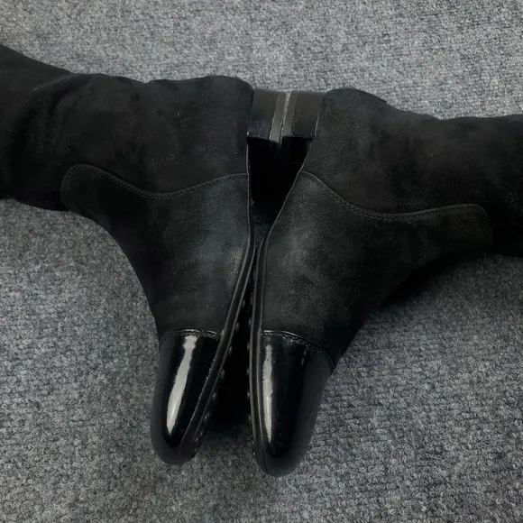 Tods Suede Riding Boots Womens EU 39.5 US 9.5 Patent Toe Leather 16&quot; Tall Black