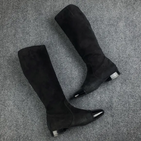 Tods Suede Riding Boots Womens EU 39.5 US 9.5 Patent Toe Leather 16&quot; Tall Black