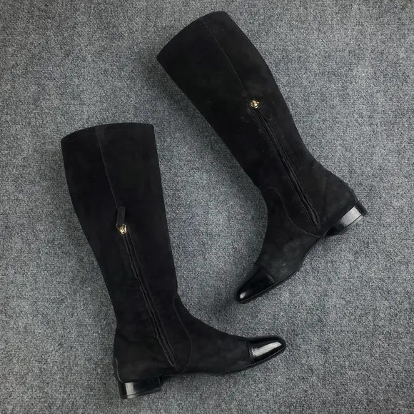 Tods Suede Riding Boots Womens EU 39.5 US 9.5 Patent Toe Leather 16&quot; Tall Black