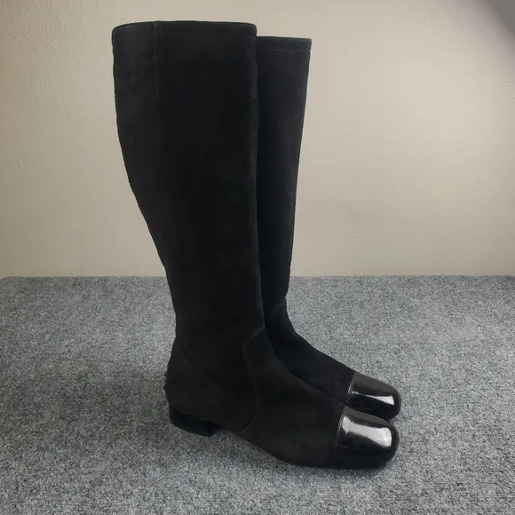 Tods Suede Riding Boots Womens EU 39.5 US 9.5 Patent Toe Leather 16&quot; Tall Black
