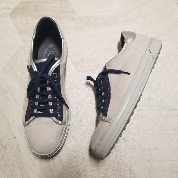Tod's Grey Blue Leather And Nubuck Suede Low Top Sneakers 38