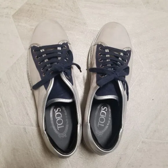 Tod's Grey Blue Leather And Nubuck Suede Low Top Sneakers 38