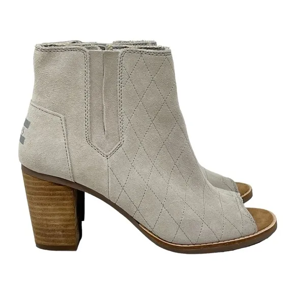 TOMS Gray Suede Diamond Stitch Peep Toe Side Zip Ankle Bootie Boots Shoes Sz 7W