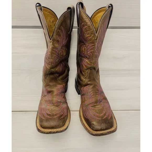 Tony Lama Brown &amp; Pink Western Cowgirl SquareToe Boots Women’s SZ 7.5
