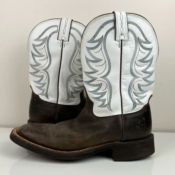 Tony Lama Men’s Size 10.5 EE Square Toe Leather Cowboy Boots White &amp; Brown