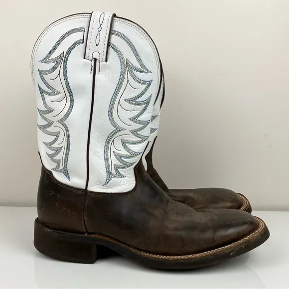 Tony Lama Men’s Size 10.5 EE Square Toe Leather Cowboy Boots White &amp; Brown