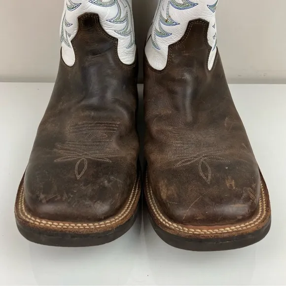 Tony Lama Men’s Size 10.5 EE Square Toe Leather Cowboy Boots White &amp; Brown