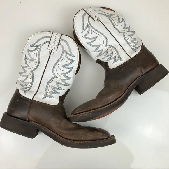 Tony Lama Men’s Size 10.5 EE Square Toe Leather Cowboy Boots White &amp; Brown