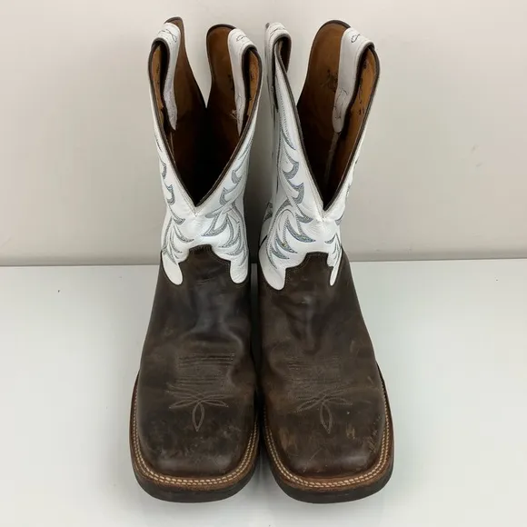 Tony Lama Men’s Size 10.5 EE Square Toe Leather Cowboy Boots White &amp; Brown
