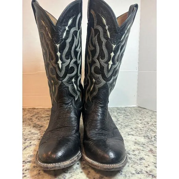 Tony Lama Western Cowboy Boots Black Leather Silver Embroidered Men size 7