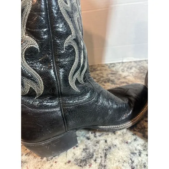 Tony Lama Western Cowboy Boots Black Leather Silver Embroidered Men size 7